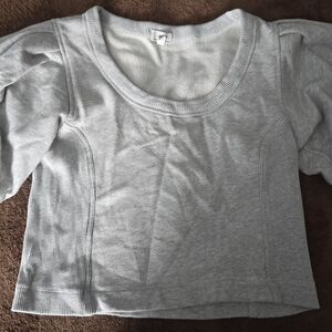 Aerie Soft Gray Textured Knit Top Puffed Sleeves